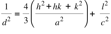 begin mathsize 36px style 1 over d squared equals 4 over 3 open parentheses fraction numerator h squared plus h k space plus space k squared over denominator a squared end fraction close parentheses plus space l squared over c squared end style